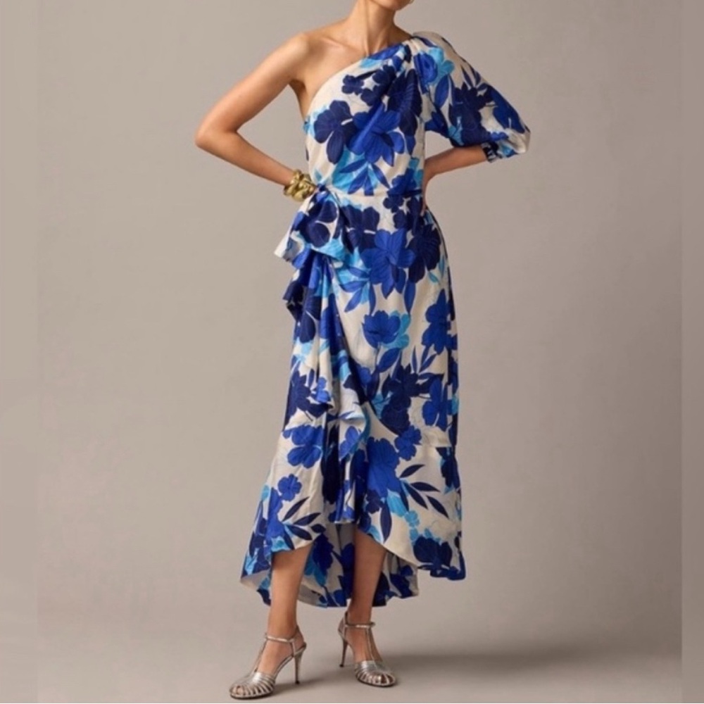 J.Crew Collection Blue White floral one-shoulder ruffle-hem midi dress NWT 20